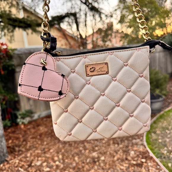 Betsey Johnson Handbags - Betsey Johnson Quilted Heart Crossbody Bag‎ Pink Cream Gold Chain Charm
